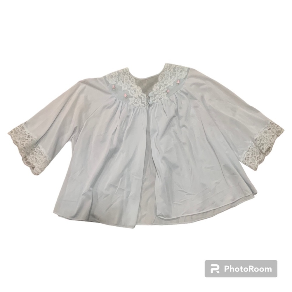60s Shadowline Vintage Baby Blue Lingerie Cape with Floral Lace, Size M